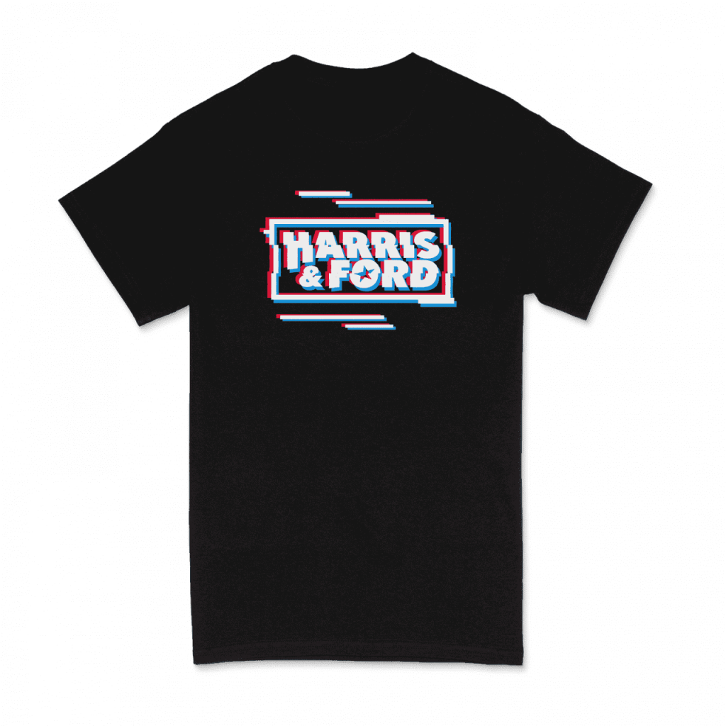 Harris & Ford Logo auf einem schwarzen T-Shirt, ideal für EDM-Fans und Partys.