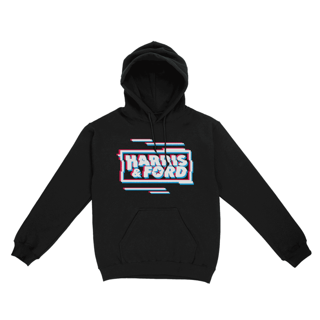 Schwarzer Hoodie mit stylischem Harris and Ford-Logo in kräftigen Farben.